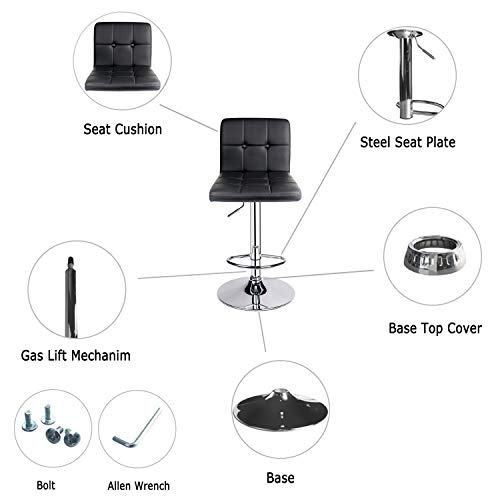 HOMEKOKO Square Metal Barstools PU Leather with Adjustable Swivel Barstools Set of 2, Black
