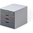 DURABLE Keyed Lock Desktop Drawer Organizer (VARICOLOR 4 Compartments with Removable Labels) 11" w x 14" d x 11.375" h, Gray & Multicolored (760627)