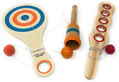 Toysmith Wooden Classic Game Collection Set โ Wooden Catch Ball, Bounce Back Paddle Ball, and Wood Paddle Game (Color May Vary)