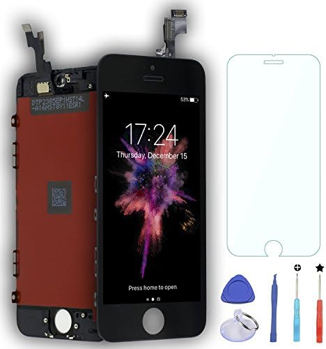 iPhone 5s Screen,DAMPO Replacement LCD Display Touch Screen Digitizer Frame Assembly Full Set for iPhone 5s 4.0"[Easy to Install]with Tool Kits and Glass Screen Protector-Black