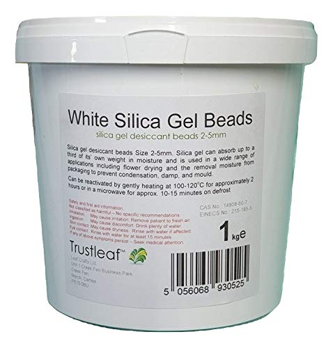 Trustleaf 1kg, 2.2lbs Tub White Silica Gel Desiccant, 2-4mm Beads - Dehumidify - Flower Drying - 3D Printing - Storage
