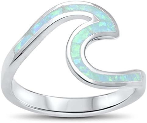 Wave Ocean Beach Lab Created White Opal .925 Sterling Silver Ring sizes 4-10 (5)