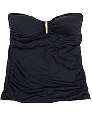 Women's Solid Shirred Bandeau Tankini, Jet Black, Small