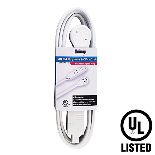 Uninex (2 Pack) Flat Angle Plug Extension Cord 16/3 Grounded 3-Outlet Tap 6-Foot White UL Listed