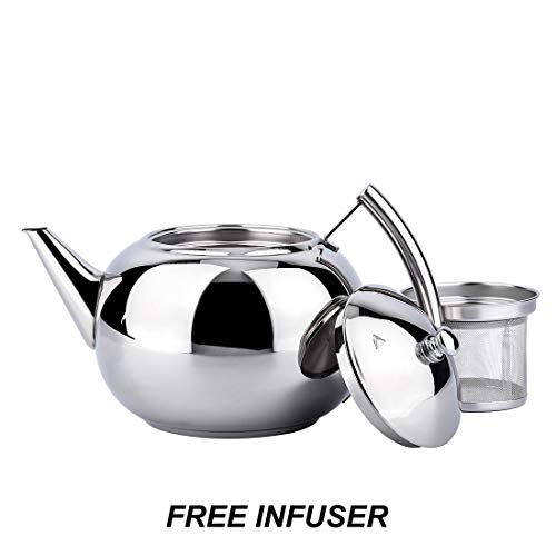 2 Liter Tea Pot with Infuser for Loose Leaf Tea Stainless Steel Coffee Tea Kettle 8 Cup Induction Stovetop Teapot Strainer for Boiling Hot Water Mirror Finish 2.1 Quart 68 Ounce by Onlycooker