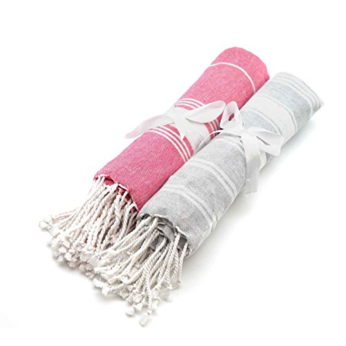 Nicola-Spring-100-Turkish-Cotton-Towels-Beach-Bath-Gym-Sauna-Hammam-Peshtemal-Fouta-Style-Throw-Sheet-GreyPink-Set-of-2