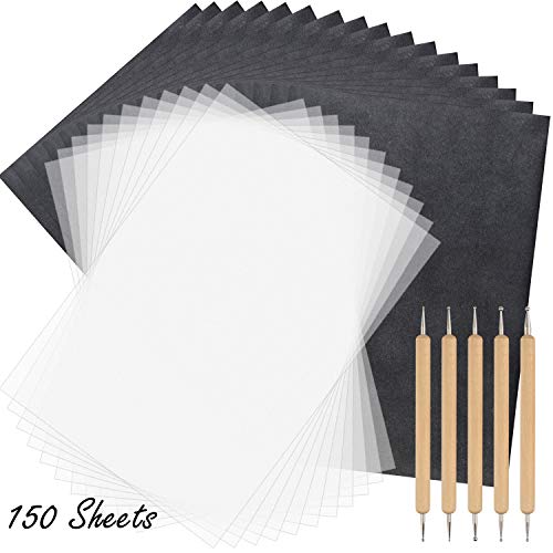 TUPARKA 150 Sheets Carbon Copying Paper and Tracing Paper with 5 Pieces Embossing Styluses Stylus Tools,Black Carbon Transfer Paper for Tracing on Wood,Fabric Tattoo Stencil Copy Accessory