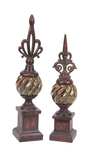 Melrose International Set of 2 Brown Decorative Finial Polyresin with Ceramic Center  20-inch High and  23-inch High