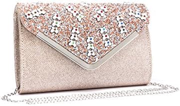 Redfox Women's Rose Gold Sparkling Evening Clutch Bag/Wedding Shiny Diamante Crystals Rhinestones Different Shape And Size