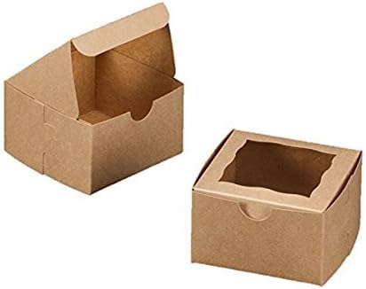 Natural Brown Bakery Box with Window Pop up Style 4x4x2.5 inch - 25 Pack - Eco-Friendly Paper Board Cardboard Gift Packaging Boxes for Pastries, Cookies, Small Cakes, Pie, Cupcakes, party favor, gifts and More - by Lime38