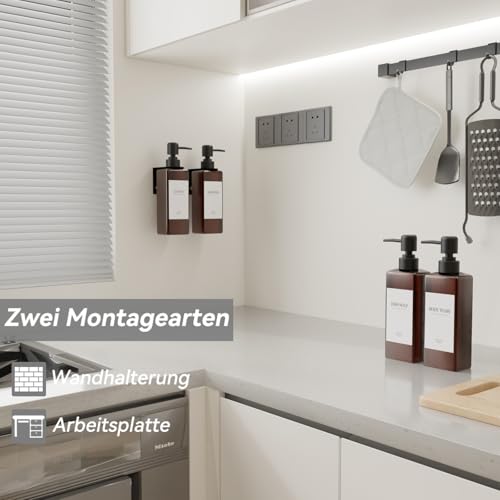 4 x Wall Mounted Shower Soap Dispenser, Bathroom Soap Dispenser Without Drilling 500 ml Brown Shower Dispenser Shampoo and Body Wash with Funnel and Three-Dimensional Labels for Bathroom, Kitchen