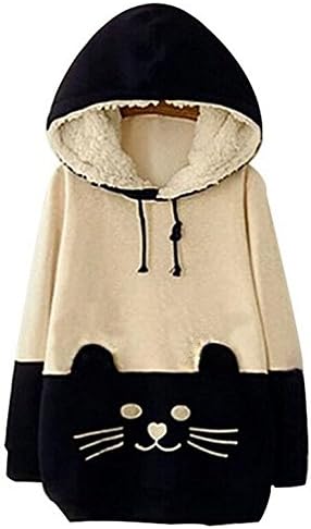Arrowhunt Womens Girls Cartoon Cat Fleece Hooded Pullover Sweatershirt