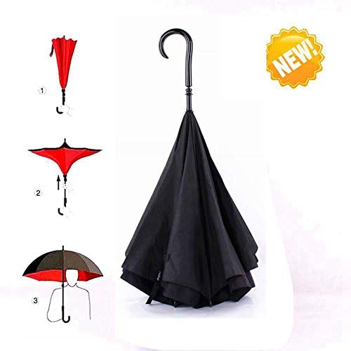 Umbrella, Travel Umbrella Strong Waterproof/Uv protection, Sunny or rainy amphibious, J shape handle Double Layer Inverted Umbrella (Black)