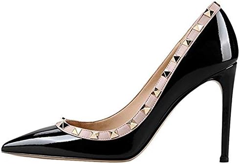 Caitlin Pan Womens Stylish Pointed Toe High Heel Slip On Pumps Rivet Studded Stiletto Dress Pumps 10CM