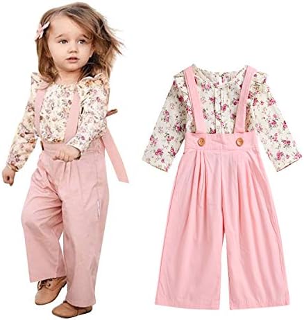 2PCS Girl Toddler Clothes Floral Suspenders Pant Set,Baby Girls Clothes Long Sleeve Shirt+Sleeve Overalls