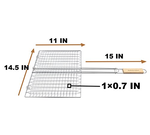 Extra Large Grilling Surface - Extra long Wood Handle - Stainless Steel BBQ Grilling Basket for Roast fish Vegetable Shrimp Fruit Meat Seafood - Best Barbecue Wok Topper Accessories Gift for Dad