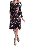 Mafulus Womens Floral Casual Dresses Long Sleeve Crew Neck Swing Midi Dress with Pockets