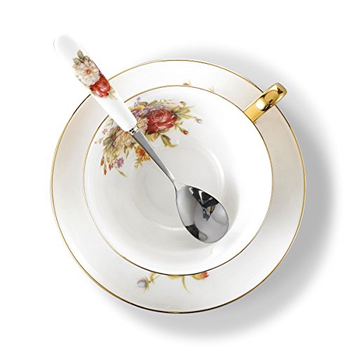 Panbado 3 Piece Bone China Tea Cup Saucer Set with Spoon Porcelain Gold Rimmed Teacup Coffee, Flower, 200ml, 6.8 oz., White/Golden