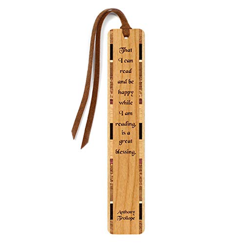 Reading & Happiness Quote by Anthony Trollope Wooden Bookmark on Cherry with Brown Suede Tassel
