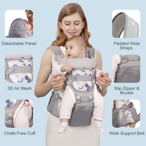STANEW Baby Carrier Hip Seat & Head Hood, Breathable Detachable Infant Carrier, Adjustable Shoulder Straps, Waist Size up to 120cm for 0-48 Months Baby, Max Load 25kg