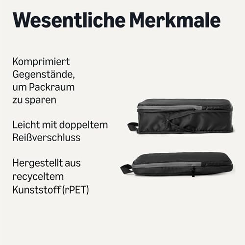 Packwürfel Kompression, Ultraleichte Organizer mit Reißverschluss, Recyceltes rPET, 4er-Pack, Schwarz, für Reisen
