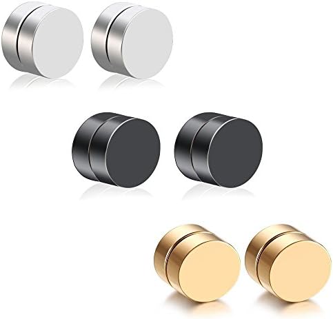 3 Pairs Stainless Steel Acrylic Circle Round Magnetic Earrings for Men Studs Plugs Non Piercings Clip