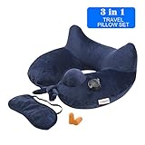 Longfit Soft Velvet Inflatable Travel Neck Pillow with Built-in Pump, Extra-Soft Washable Cover, and Compact Travel Pillow Set for Airplane,Traveling and all kinds of Relax