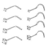 Ranoff Nose Stud,8PC Stainless Steel Nose Ring Crook Nose Body Piercing Jewelry Diamond Nose Stud (Silver)