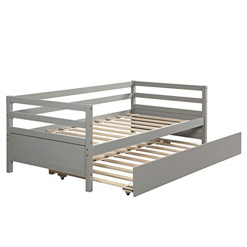 Daybed with Trundle, Rockjame Premium Twin Bed Frame with Strong Solid Wood Slat Support, Easy Assembly, No Box Spring Needed (Gray) - Thumbnail 2