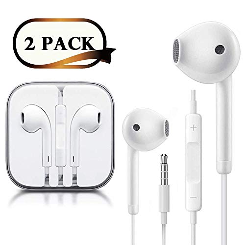 (2 Pack) Headphones/Earphones/Earbuds/Headsets 3.5mm Wired Headphones Noise Isolating Earphones with Built-in Microphone & Volume Control Compatible with iPhone 6 SE 5S 4 iPod iPad/Android MP3/4- Whit