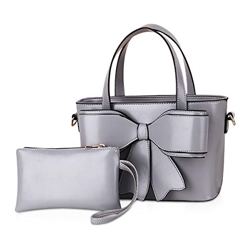 NICOLE & DORIS Women Fashion Handbag with Bow 2 Piece Bag for Ladies Elegant Crossbody Bag+Clutch Wallet PU Leather Shoulder Bags Gray