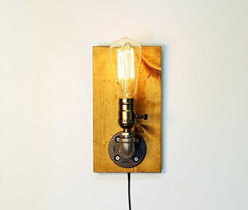 Industrial Steampunk wall sconce pipe lamp with classic Edison bulb and Oak wood base