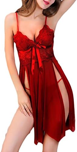 XQS Women Lace V Neck Lingerie Babydoll Strap Chemise Nightwear Wine Red XL