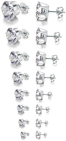 Gelmushta 8 Pairs Stainless Steel Mens Womens Stud Earrings Cubic Zirconia Ear Piercings 20G 3-10mm