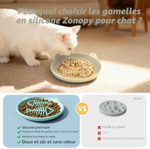 Bol d'alimentation lente pour chats, 2 bols en silicone pour chats, mangeoire lente idéale pour aliments secs et humides, facile à nettoyer, jouet interactif pour l'entraînement de