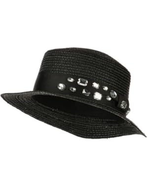 Wheat Braid Boater Hat with Stones - Black