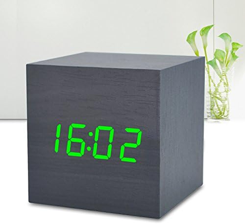 Wooden Alarm Clock LED with Sound Control Function Digital Time Date Temperature Display Electronic Cube Desktop Home Travel Bedroom Clocks for kids (Black Wood Green Light)