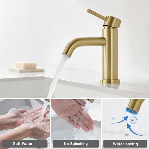 DETBOM Gold Basin Mixer Tap, Adjustable Hot and Cold Washbasin Tap, Stainless Steel, Removable Aerator, Lead Free, Brushed Gold