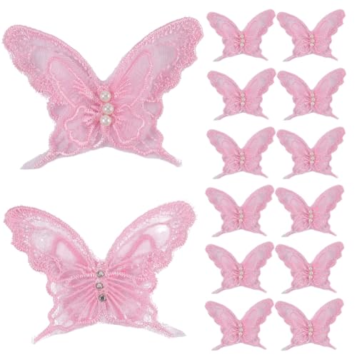 CABODYALS 1 Box 30PCS Light Pink Butterfly Lace Applique Repair Patches Sew Embroidery Butterflies Organza Faux Pearl Beaded Polyester Appliques for Sewing Making Clothes Wedding Diy Craft Supply
