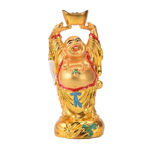 BRABUD Statua Feng Shui in resina dorata raffigurante Buddha che ride con lingotto, ricchezza, fortuna, decorazione per casa e ufficio, regalo da collezione, 11,9 cm, TQZDBS014