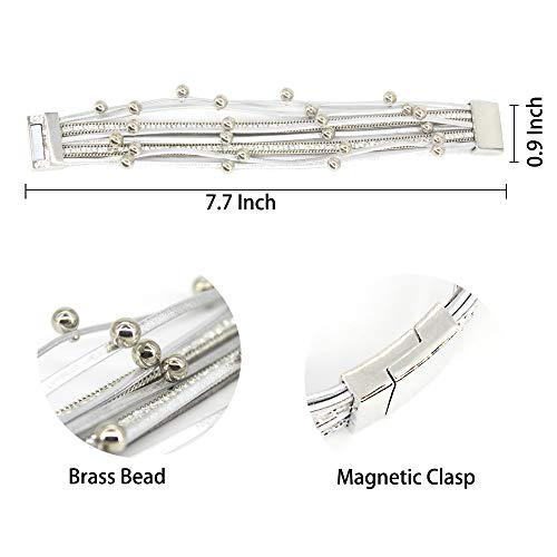FANCY SHINY Bead Leather Bracelet Boho Wrap Bracelet Layered Rhinestone Cuff Bracelet with Magnetic Clasp,7.5"(Silver)