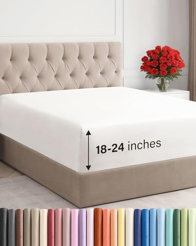 Photo 1 of Extra Deep Full Fitted Sheet - Hotel Luxury Single Fitted Sheet Only - Easily Fits 18 inch to 24 inch Mattress - Ultra Soft, Wrinkle Free with Extra Deep Pockets - Breathable & Comfy - Antique White