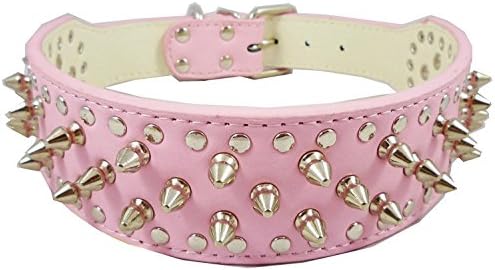Resulzon 14.5"-17.5" Pink Leather Spiked Studded Dog Collar 2" Wide,25 Spikes 44 Studs