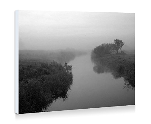 Man fishing on a foogy river - Nature #34340 - Fine Art Print Wall Art Pictures Stretched For Home Decoration - Ready To Hang - 16x12 Inches - Black and White