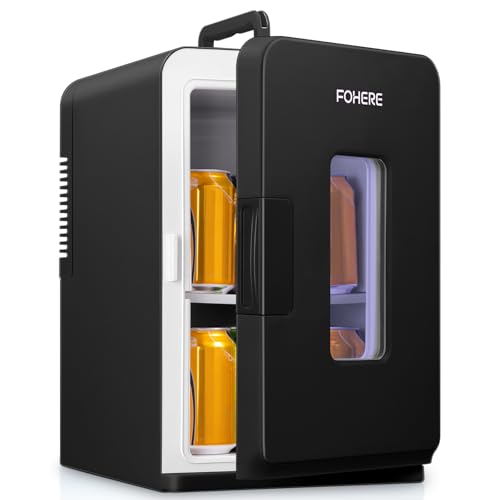 FOHERE 2-in-1 Mini Fridge, 15L Fridge for Room with Cooling and Heating Function, DC/AC for Cars, Offices and Dorm, Eco Low Noise Mode, for Cosmetics and Drinks, Black