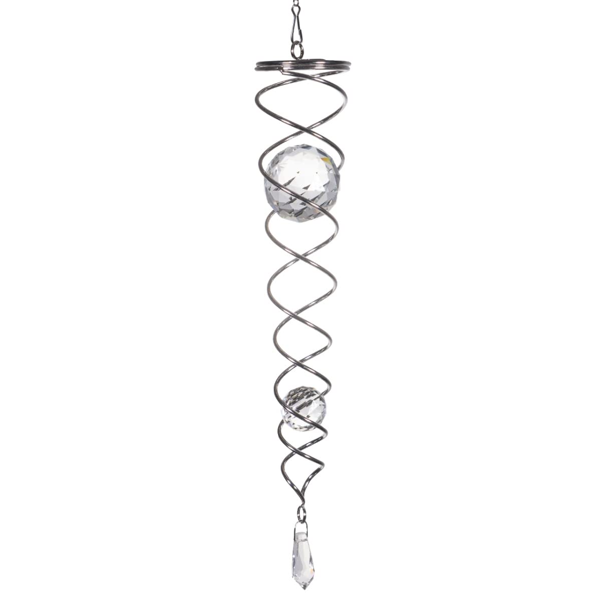 CIM Metal Deco Wind Chime - Crystal Twister - Clear - Wind Spinner - incl. hook, ball bearing swivel, nylon cord, glass balls and facet cut glass drop