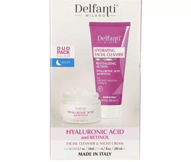 Delfanti Milano | Hydrating Facial Cleanser 200mL + Hyaluronic Acid & Retinol Night Cream 50mL | Duo Pack | Full Size | Made in Italy