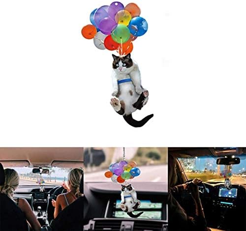 カラフルなバルーン付きの猫の車の吊り下げ式飾り 猫の車のペンダント車の吊り下げ式飾り 女の子の車のインテリアアクセサリー バックミラーの飾り を掛けるための家の装飾