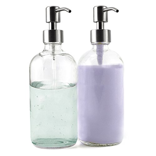 16oz Clear Glass Boston Round Bottles with Stainless Steel Pumps (2 pack), Great for Essential Oils, Lotions, Liquid Soaps