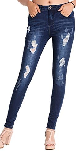 Women's Blue Mid-Rise Butt Lift Skinny Distressed Ankle Washed Jeans with Super Rips XL